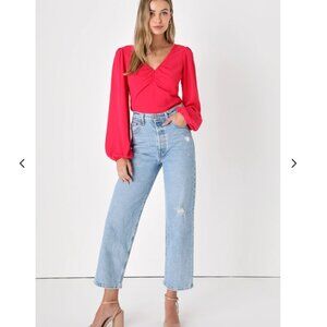 Sincere Sweetie Hot Pink V-Neck Balloon Sleeve Top